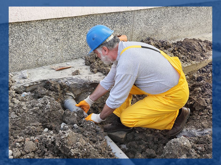 Man repairing sewer line pipe